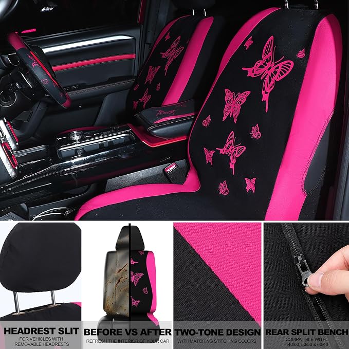 BBTO 47 Pcs Car Seat Full Set Car Accessories for Women 5 Front Rear Seat Covers Wrist Strap 2 Pieces Cup Mat Armrest Pad 2 Belt Cover Accessories for SUV(Rose Red)