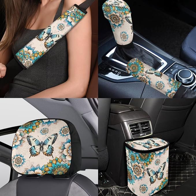 BIGCARJOB Boho Lotus Car Seat Covers Set 15 Pieces Butterfly Print Auto Seat Headrest Cover Universal Steering Wheel Cover Car Trash Can Hanging Auto Interior Accessories Set
