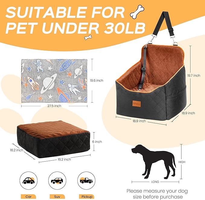 Dog Car Seat for Small Dog with Washable Mat, Memory Foam Booster Seat for Dogs Under 30lb, 6" Elevated Pet Seat with Pockets, Anti-Slip Bed for Car, Perfect for Front & Back Seats with Safety Leash