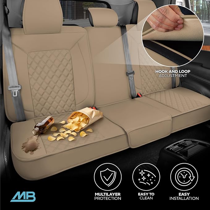 MotorBox Premium Napa Leather Rear Seat Cover - Semi Universal Fit for Most Cars, Truck & SUV - Beige Back Seat Protector - Anti-Slip, Durable Bench Cover - Easy Install, Luxury Car Interior Upgrade