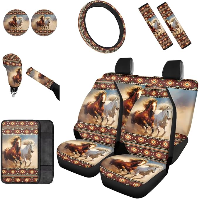 Dreaweet Aztec Horse Seat Covers for Cars Full Set,Brown South Western Car Accessories Steering Wheel Cover/Armrest Cover/Seatbelt Covers/Car Coasters/Gear Shift Cover/Handbrake Cover,12 Pcs Set