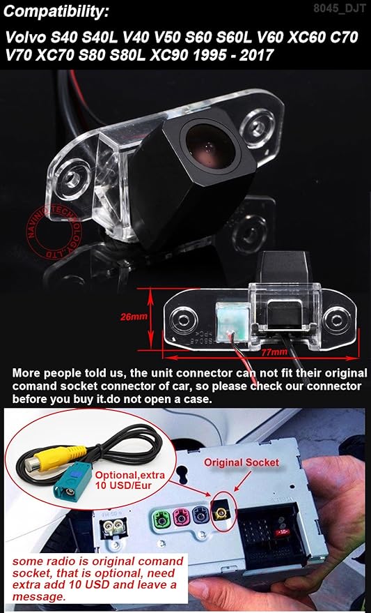 Vehicle Backup License Plate Cameras Car Rear View Backup Camera for Volvo S80L /S40L/S80/S40/S60/V60/XC90/XC60/C70/s60L Parking Reverse HD Waterproof (Model B= 2 x Screw Connector)