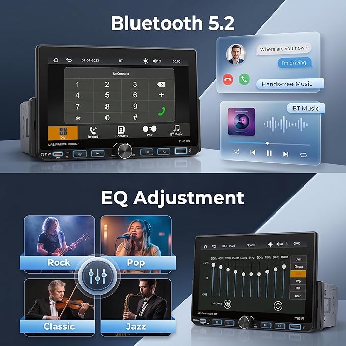 Single Din Radio Car Stereo with Wireless/Wired CarPlay & Android Auto, 7'' Single Din Touchscreen with BT,Mirror Link,FM/AM/RDS,EQ,USB/Type-C,Rear View Camera,SWC,Mic