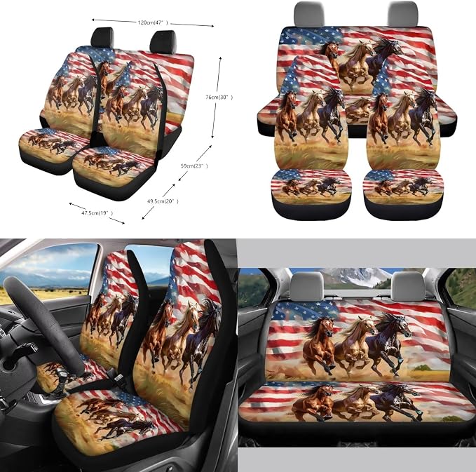 Horses American Flag Print Car Accessories Pack of 10, Front and Rear Seat Covers Car Trash Bin Steering Wheel Cover Cup Holders Keychain Air Vent Storage Bag Car Interior Decor Fit Most Cars