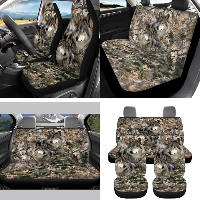15Pcs Camo Hunting Wolf Car Seat Cover Full Set for Women Men with Car Steering Wheel Cover Seat Belt Cover Trash Bin Front Rear View Mirror Car Cup Holder Keychain