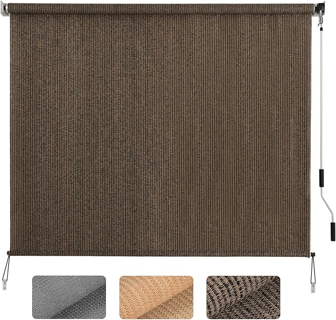 SMONTER Outdoor Sunshade Roller Shade 8'W x 6'H (96" Wx72 H), Exterior Cordless Roll Up Shades Blinds, UV Protection Shade Cloth with Crank Operation for Outside Windows Patio Porch Gazebo, Mocha