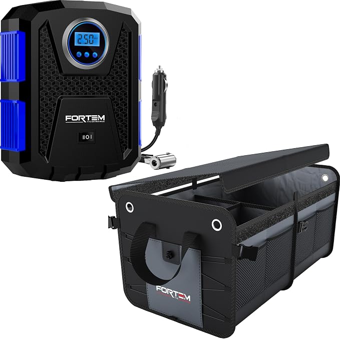 FORTEM Tire Inflator Portable Air Compressor (Blue) + Trunk Organizer