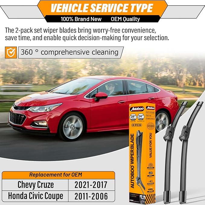 AUTOBOO 28"+24" Windshield Wiper Blade Replacement for Chevy Cruze 2021-2017 Honda Civic Coupe 2006-2011 -Original Factory Quality (Pack of 2)