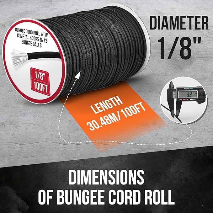 Marine Grade Heavy Duty Bungee Cord Roll with 12 Hooks 12 Bungee Balls- Black Elastic Shock Cord for Kayak Deck, Outdoor Camping, Tarp Tie Downs, Bike Rack, DIY Assorted Bungee Ropes(1/8" x 100ft)