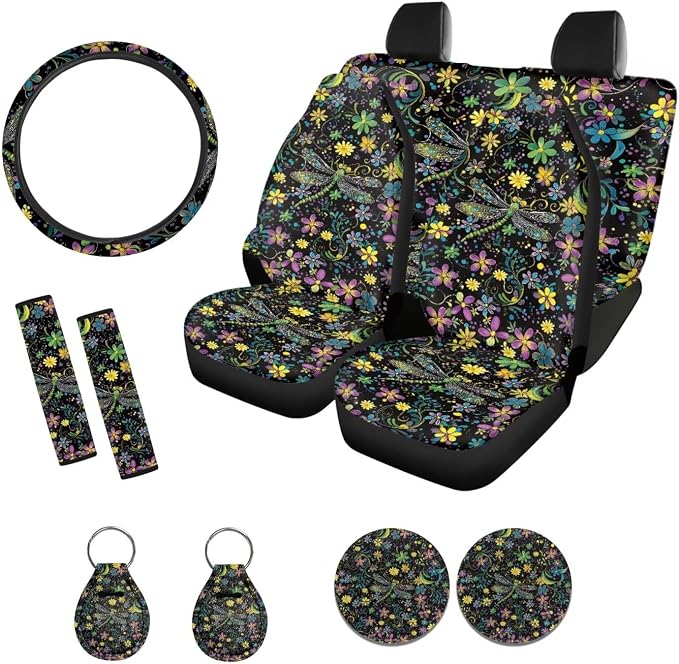Xoenoiee Dragonfly Boho Floral Print 11 Pack Car Seat Cover Front & Rear Seat Cover SUV Car Full Set with Steering Wheel Cover + Seat Belt Cover+ Cup Coasters+ Key Chains Universal Fit