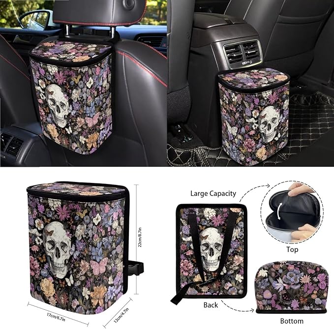 Skull Flower Butterfly Print Auto Interior Sets Full Car Front Rear Seat Covers Steering Wheel Cover Seat Belt Pad Coasters Trash Can Keychain Air Vent Storage Bag 15pcs Set
