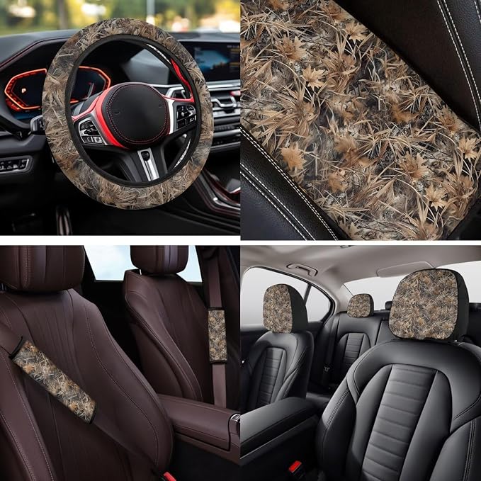 Bulopur Duck Hunting Camo Automotive Seat Covers Full Set with Matching Car Steering Wheel Cover Washable Armrest Cushion Pad Removable Seat Headrest Cover 14 Pack Auto Interior Decor Set