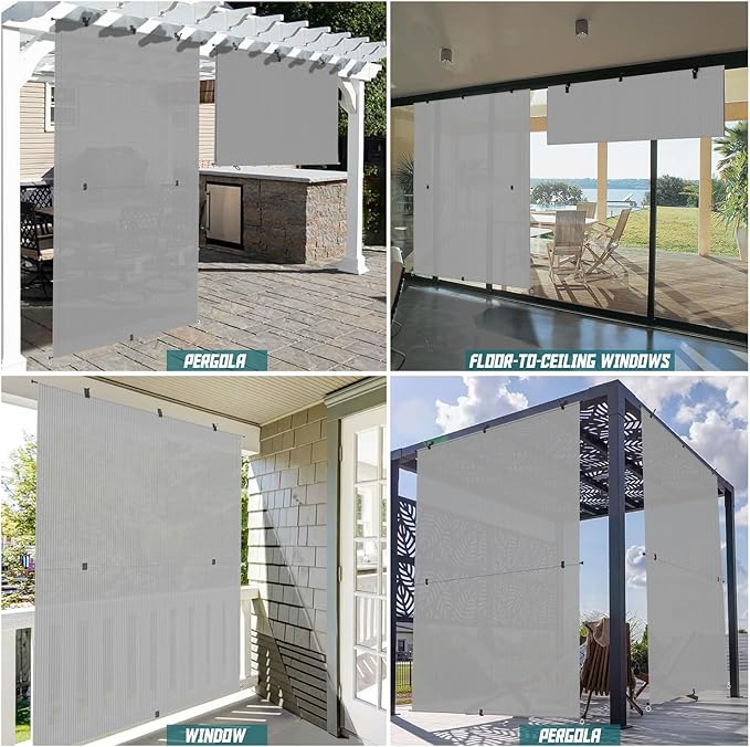 Bynbbur 8'W x 14.5'H Outdoor Patio Shades Foldable Roller Blinds, 220 GSM Sun Shade Roll Up Porch Screens Exterior Shade Cloth for Deck Pergola Backyard, Light Gray