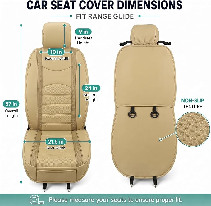 FH Group Front Set Faux Leather Car Seat Cushions for Low Back Seat, Universal Fit, Airbag Compatible Seat Cover for SUV, Sedan, Beige Tan