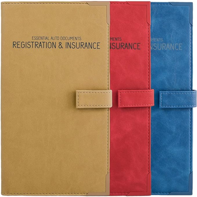 PlusXpres Auto Insurance and Registration Card Holder - Vehicle Glove Box Document Organizer - Car Essential Paperwork Holder for DMV, AAA, Contact Information Cards - BEIGE + RED + BLUE BUNDLE