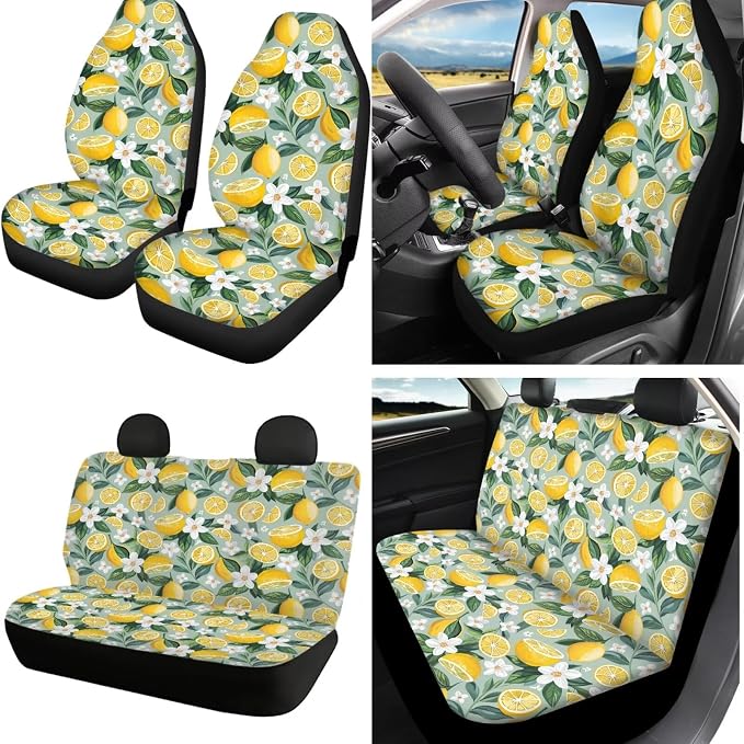 Lemon Car Seat Cover with Steering Wheel Cover,Car Sun Shade,Center Cushion,Seat Belt Covers Cup Holder with Keychain,Fruit Automotive Set Universal Fit Most Cars SUV Trucks,Green,16 Pack