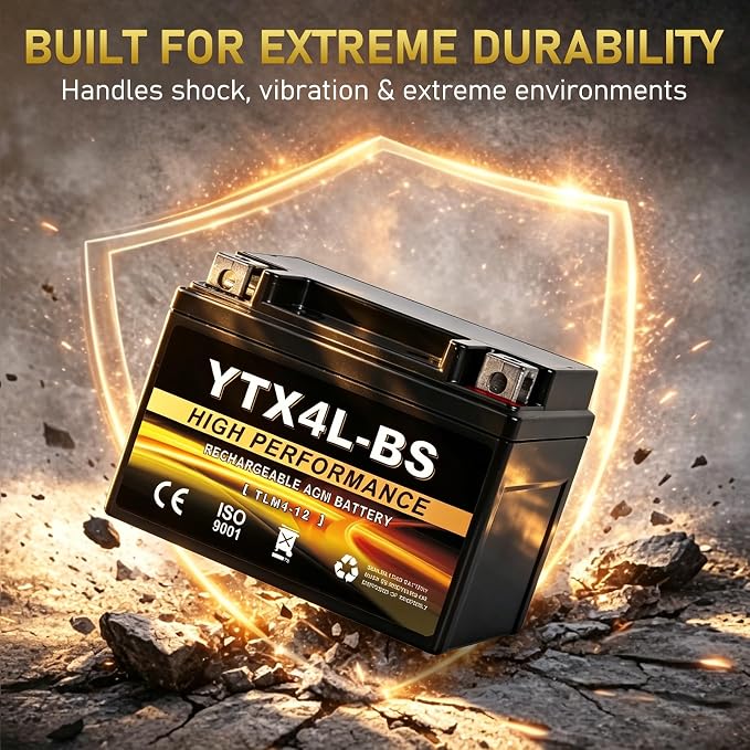 YTX4L-BS 12V 3Ah Sealed AGM Motorcycle Battery, Maintenance-Free, Compatible with Polaris Scrambler 90, Sportsman 90, Honda NQ50 Spree, Kawasaki KLX110, Yamaha TTR125E/LE, ATV & Scooter