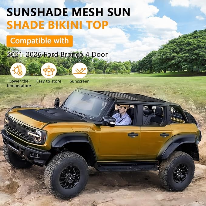Sunshade for Ford Bronco, Mesh Sun Shade Bikini Top Cover for 2021 2022 2023 2024 2025 2026 4 Door Ford Bronco Exterior Accessories- Blocks UV, Wind, Noise (US Flag)