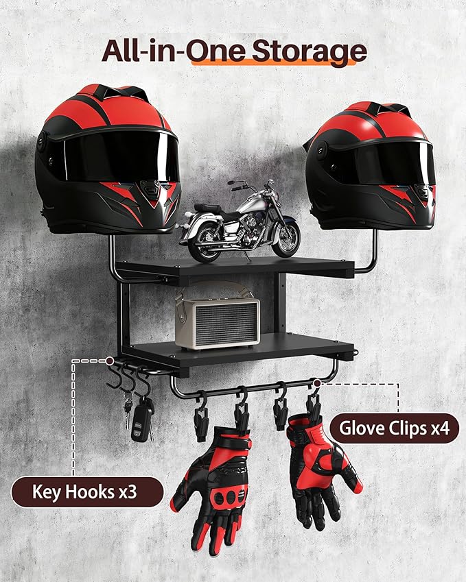 Motorcycle Helmet Holder Wall Mount, 2-Tier Helmet Rack with 2 Hat Stands, Motorcycle Accessories Gear Storage Organizer Display for Men Jackets, Caps in Garage, Living Room (Black)