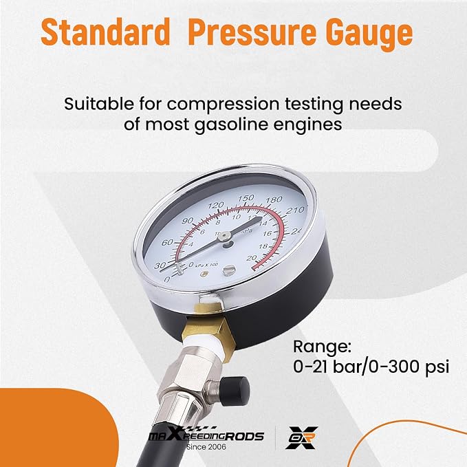 maXpeedingrods Engine Compression Tester Kit, Manual Pressure Release, 2-3/4 in. Bourdon Tube Gauge, Quick-Disconnect Coupler, Threaded Adapters for Motorcycles, Marine and Small Engines