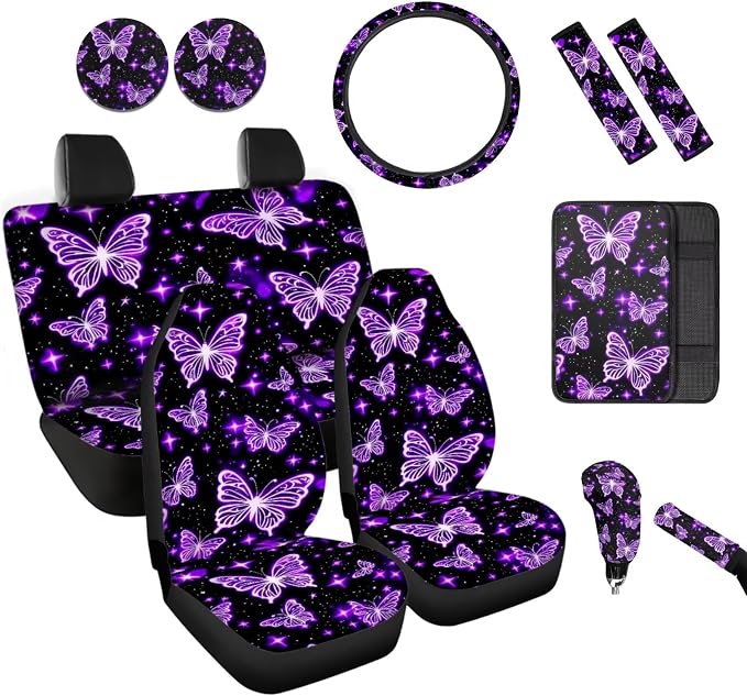 BIGCARJOB Purple Butterfly Car Seat Covers Full Set 12 Pcs Womens Auto Interior Accessories Butterfly Print Steering Wheel Covers,Armrest Seat Box Cover Cushion,Cup Mats,Universal Fit