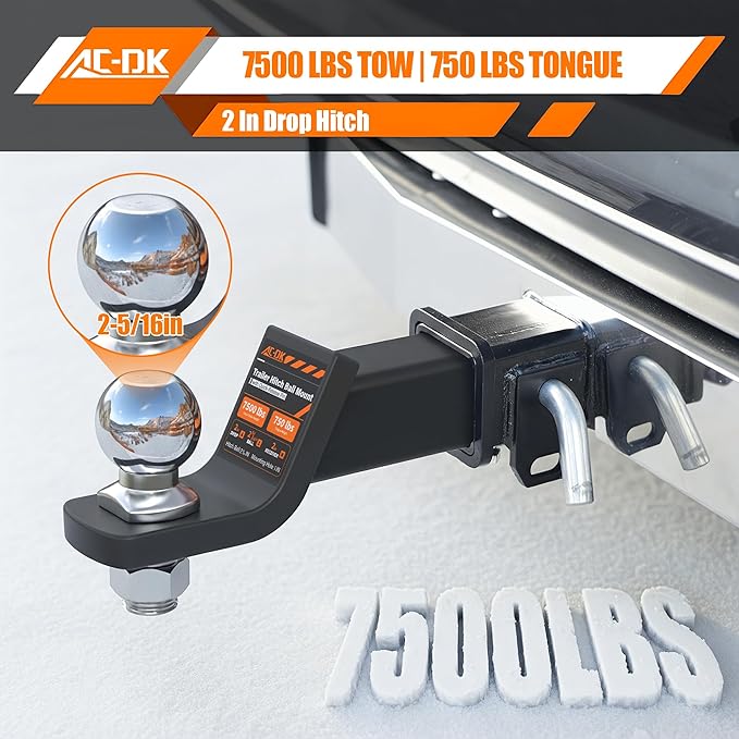 Trailer Hitch Mount with 2-5/16-Inch Ball & Pin, Fits 2-Inch Receiver,2 inch Drop Hitch,7,500 lbs Capacity Ball Hitch, 750lbs TW