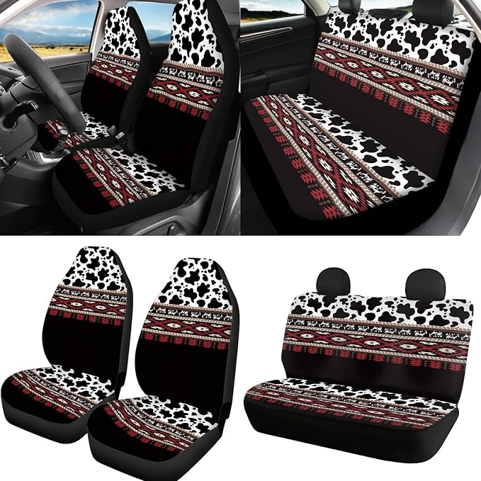 Aztec Cow Print Car Seat Cover Full Set with Steering Wheel Cover, Shoulder Pads, Aztec Auto Seat Covers Cow Car Accessories Universal Fit for Most Cars, Black