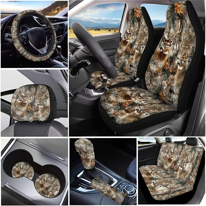 KEIAHUAN Camo Deer HuntingCar Seat Covers Full Set Front Rear Seat Covers Steering Wheel Cover Coasters Headrest Cover Gear Shift Knob Cover & Handbrake Cover 11 PCS