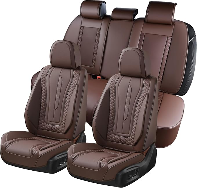Coverado Car Seat Covers Full Set, Leather Seat Coversfor Cars, Front and Back Seat Covers, Waterproof Car Seat Protectors Car Seat Cushions Universal for Most Vehicles, Coffee