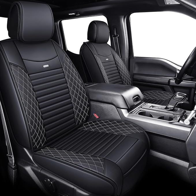 Aierxuan 2 Front Seat Covers 2009-2026 Ford F150 Truck Pickup Crew Regular Extended Cab Waterproof Leather Seat Protectors Custom Fit for 2017-2026 F250 F350 F450(2 PCS Front, Black-White)