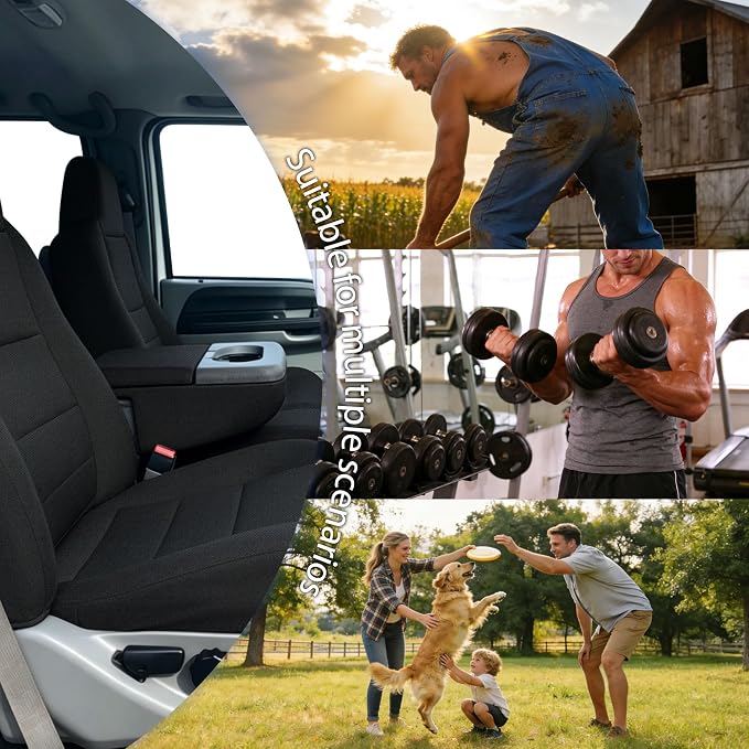 Front Seat Covers for Ford F250-F550 Super Duty 2002-2010 40/20/40 Split Seat with Molded Headrest & Shoulder Support Textured Breathable Fabric Knit - Black
