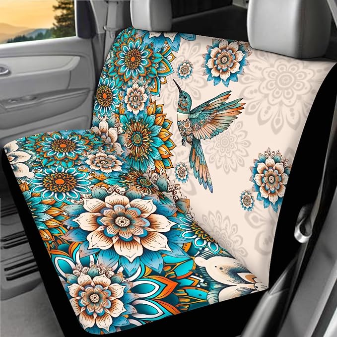 18 Pieces Car Seat Covers Full Sets Hummingbird Car Interior Accessories Sets with Mandala Lotus Car Seat Belt Pads Cover Anti Slip Steering Wheel Cover Auto Trash Can Car Headrest Covers