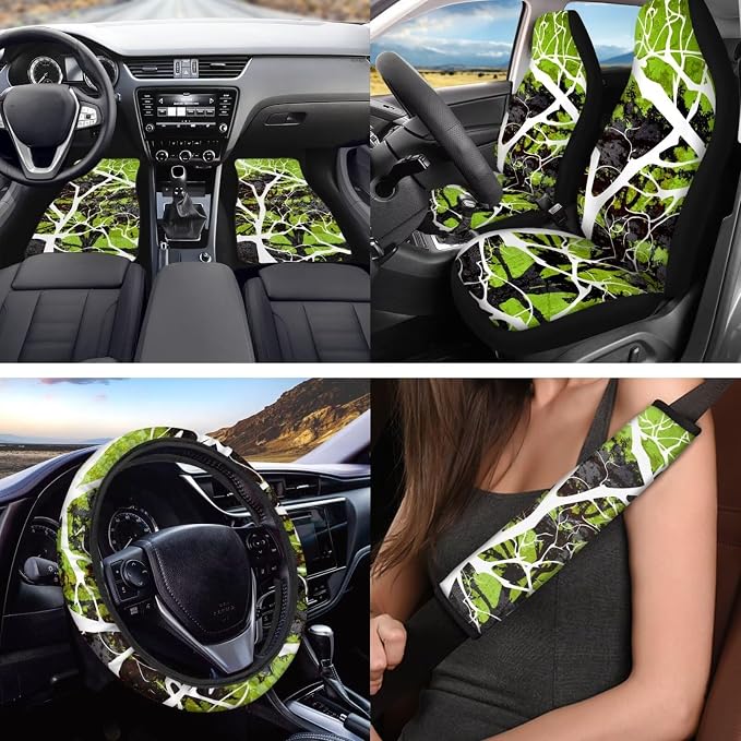 18 Pcs Green Branch Design Car Seat Covers Full Set Auto Interior Accessories with Steering Wheel Cover Floor Mats Armrest Cover Seat Belt Pads Roof Handle Wraps Cup Coaster Keychain