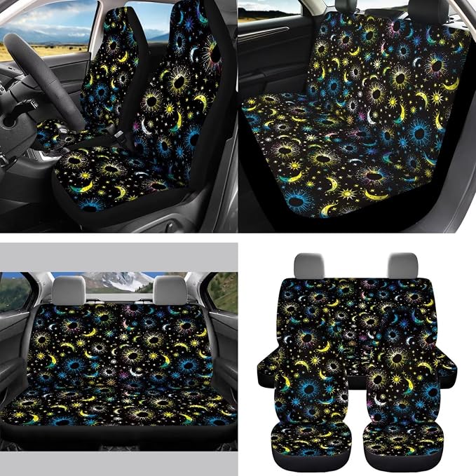 Sun and Moon 15 PCS Car Seat Cover Set with Auto Steering Wheel Cover Seat Belt Strap Protector Cup Holder Trash Bag Rear View Mirror Protector Keychain