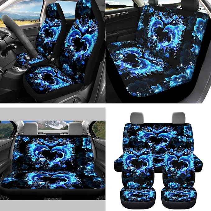 Blue Dolphin Car Seat Cover Full Set 15 PCS, with Steering Wheel Cover Seat Belt Strap Pad Trash Bag Rearview Mirror Accessories Cup Holder Keychain