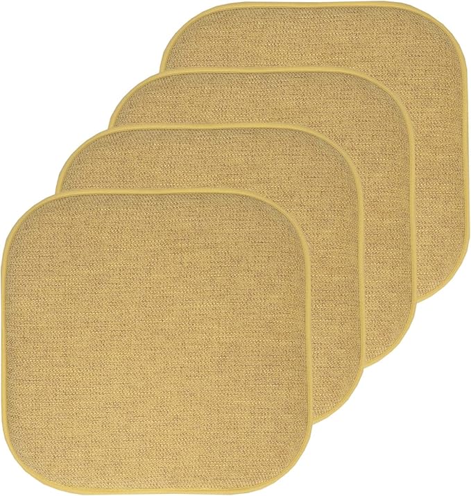 Sweet Home Collection Chair Cushion Memory Foam Pads Honeycomb Pattern Slip Non Skid Rubber Back Rounded Square 16" x 16" Seat Cover, 4 Pack, Alexis Gold
