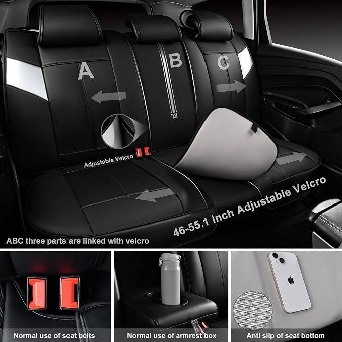 CAR PASS Nappa Leather Seat Covers, Breathable Waterproof Car Seat Covers Full Set, Luxury Leather Front and Back Seats Full Coverage, Universal Fit SUV Pick-up Truck Sedan Automotive(Black Sliver)