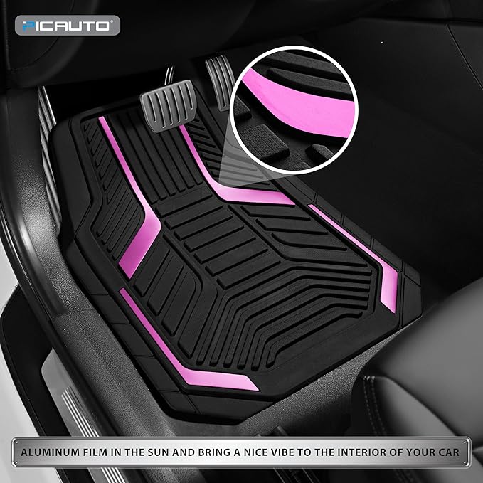 PIC AUTO Heavy Duty Rubber Floor Mats, Pink Aluminum Film Car Mats Set, Front and Rear Car Mats with Anti-Slip Backing, All Weather Protection, Trim-to-Fit for Automotive SUV, Sedan, Van