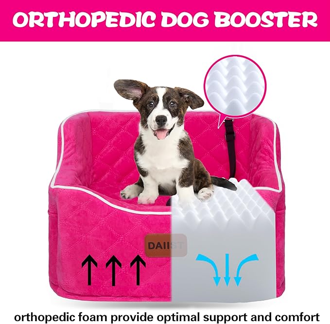 Dog Car Seat for Small Dogs, Memory Foam Dog Booster Seat for Medium Dogs Under 35lbs, Detachable and Washable Elevated Pet Car Seat with Storage Pockets (Rose Red, One Size)
