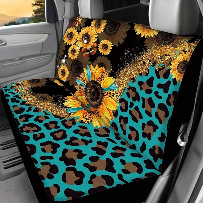 Wanyint Leopard Sunflower Print Car Seat Cover Split Covers for Women Men,Car Steering Wheel Cover Seatbelt Strap Shoulder Cover Coasters Armrest Pad Handbrake Cover Gear Shift Cover