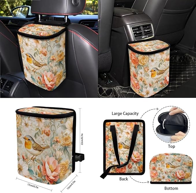Robin Bird Peony Flower Pattern 15 Pieces Car Accessories with Car Seat Cover Steering Wheel Cushion Seat Belt Pad Keychain Cup Coasters Air Vent Bag Trash Can and Mirror Cover