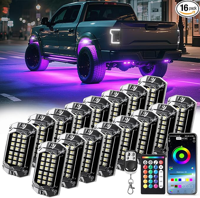 16 Pods 230° Full Angle RGBW LED Rock Lights, 6500K Pure White RGB Rock Light 12V Waterproof Neon Underglow Kit for Truck Jeeps Pickup Offroad Boat RV UTV Trailer Underbody, APP/RF Remote Sync Music