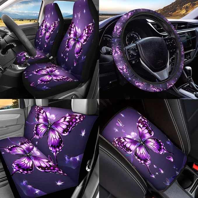 BIGCARJOB Purple Butterfly Car Seat Cover Full Set 15 Pieces Butterfly Print Car Interior Accessories Set with Universal Steering Wheel Cover Car Trash Can Hanging Seat Headrest Covers for Womens