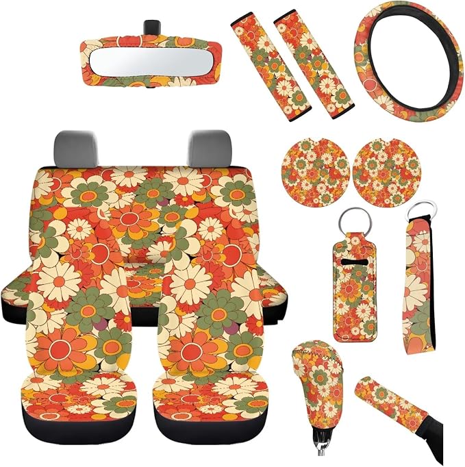 14 Pcs Beauty Hippie Floral Car Seat Cover Sets for Women Orange Boho Groovy Flower Auto Steering Wheel Cover+Seatbelt +Daisy Coasters+Keychains,Retro 70S Aesthetic Car Mirror Interior Cover