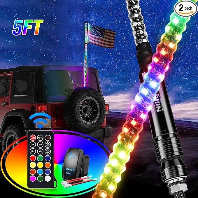 Nilight 2PCS 5FT Spiral RGB Led Whip Light w/RGB Chasing Modes RF Remote Control Lighted Antenna for Can-am ATV UTV RZR Polaris Dune Buggy 4 Wheeler Offroad Jeep Truck