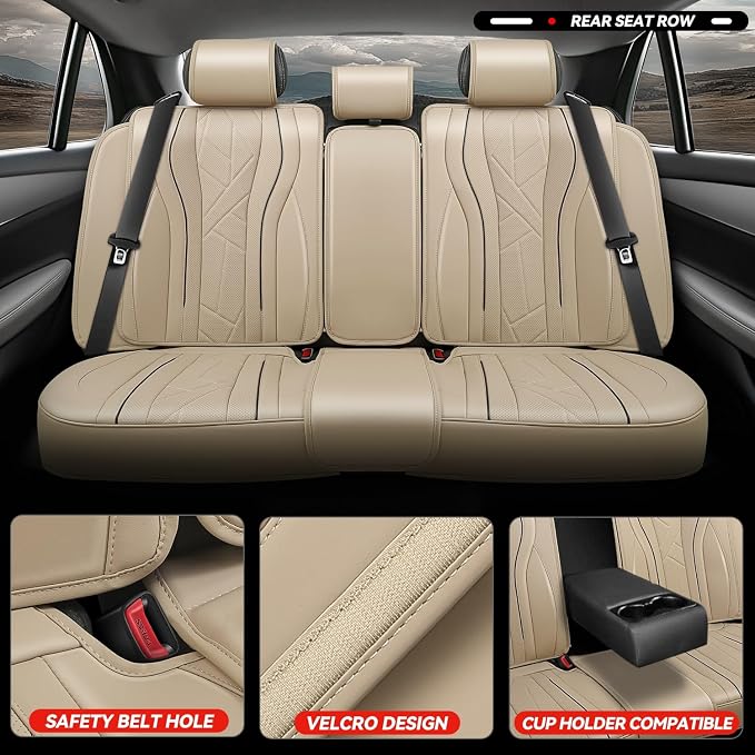 Auto Dynasty Car Seat Covers Full Set, Anti-Slip Automotive Interior Covers with Storage Pocket, Breathable Car Seat Protectors, Airbag Compatible, Universal Fit Most Vehicles, Beige (Touring Series)