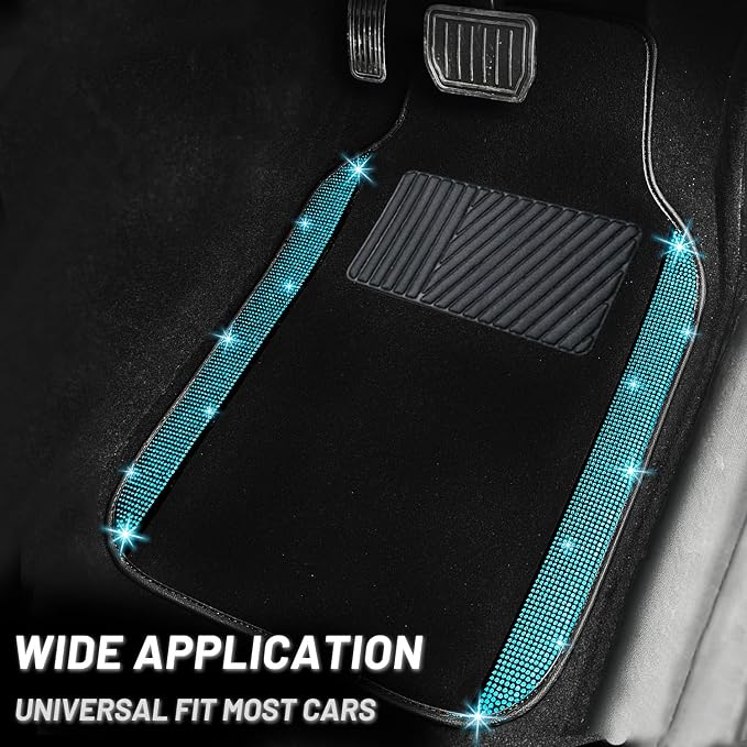 NBTEPEM Aquamrine Bling Car Floor Mats Full Set, Universal Fit Most Cars,SUV, Trucks, 4 pcs Sparkle Glitter Diamond Carpet for Women Girls with Anti-Slip Pad (Aquamarine Diamond)