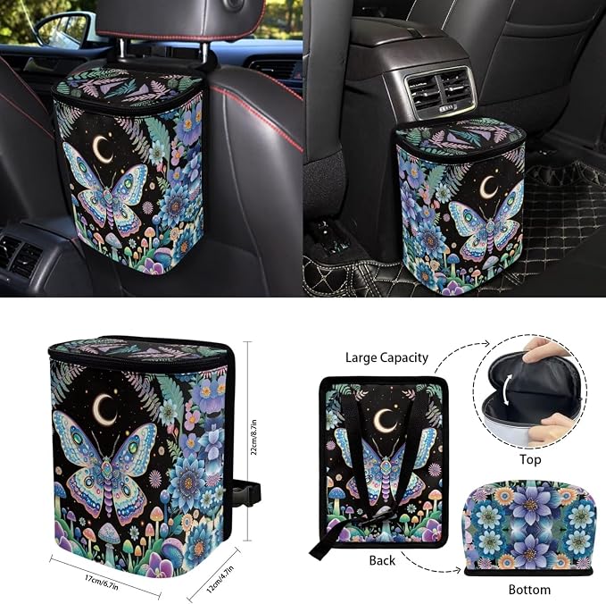 Moon Mushroom Butterfly Car Seat Covers Set of 15 with Universal Steering Wheel Cover, Rearview Mirror Cover, Car Trash Can, Seatbelt Pads, Cup Holder Coasters, Keychains