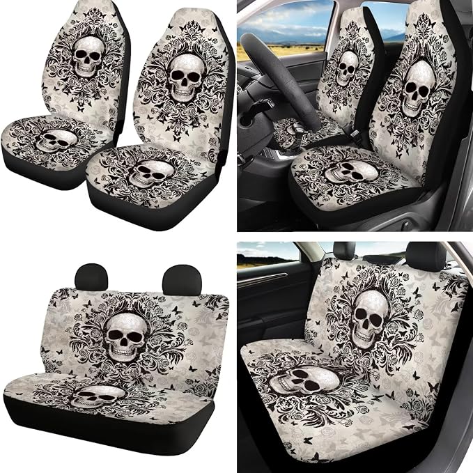 Gothic Skull Print Full Set Car Seat Covers with Steering Wheel Cover Safety Belt Pads Armrest Cushion Headrest Protectors Gear Shift Knob + Handbrake Covers etc, Universal Fits