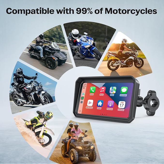 WonVon 6.25 Inch Wireless Motorcycle Carplay GPS Navigation System with Apple Carplay and Android Auto Portable Screen with Dual Bluetooth, Navigation, Siri, Google Assistant with Magnetic Mount